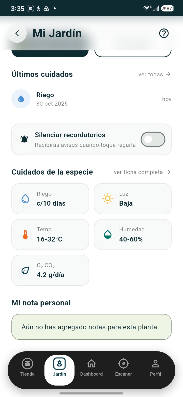 Pantalla de cuidados y recordatorios de una planta