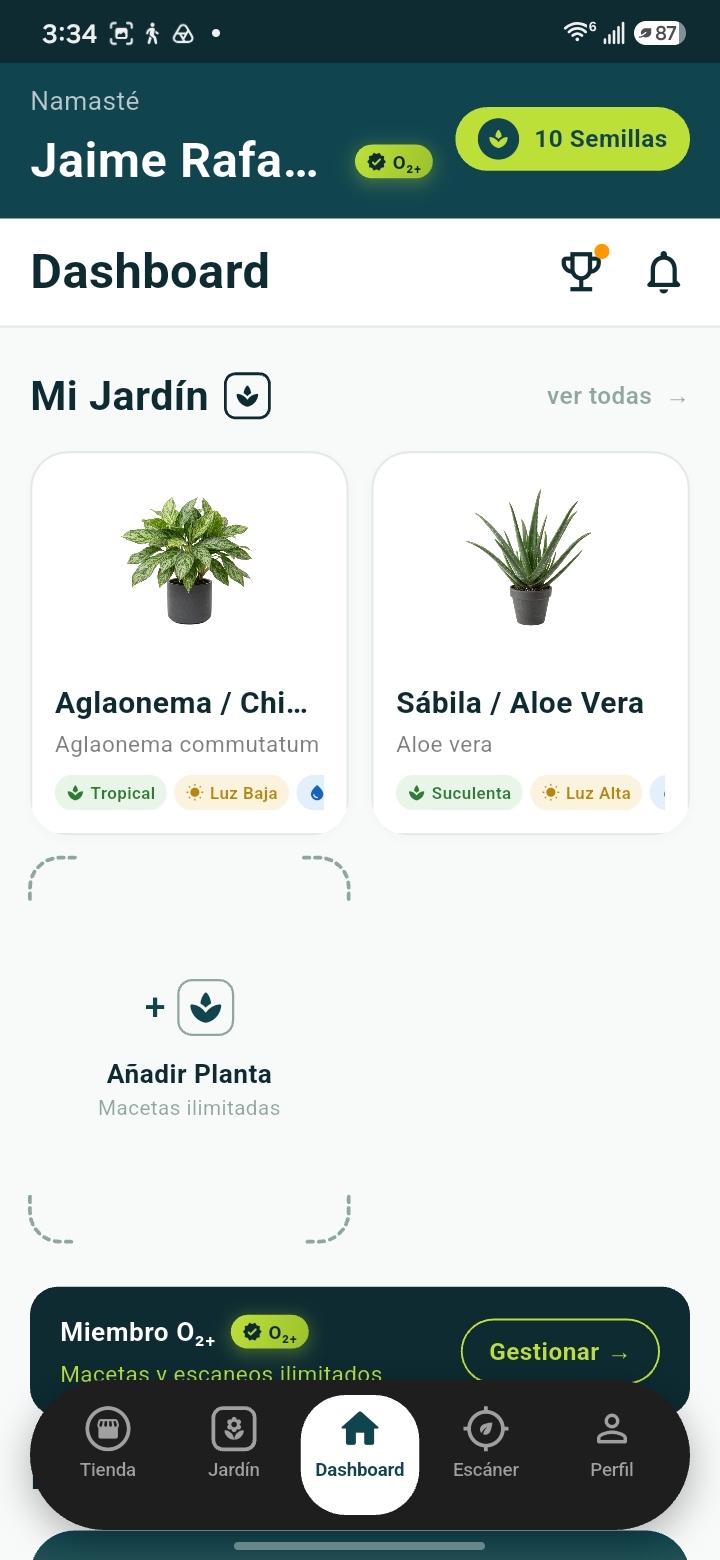 Pantalla Mi Jardín con las plantas del usuario